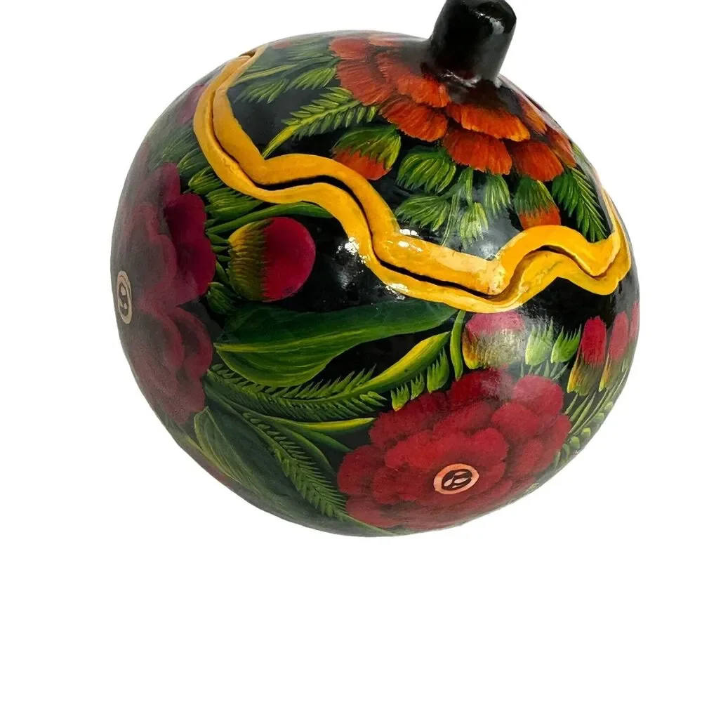 Mexican Folk Art Hand Painted Floral Lacquered Gourd Trinket Box